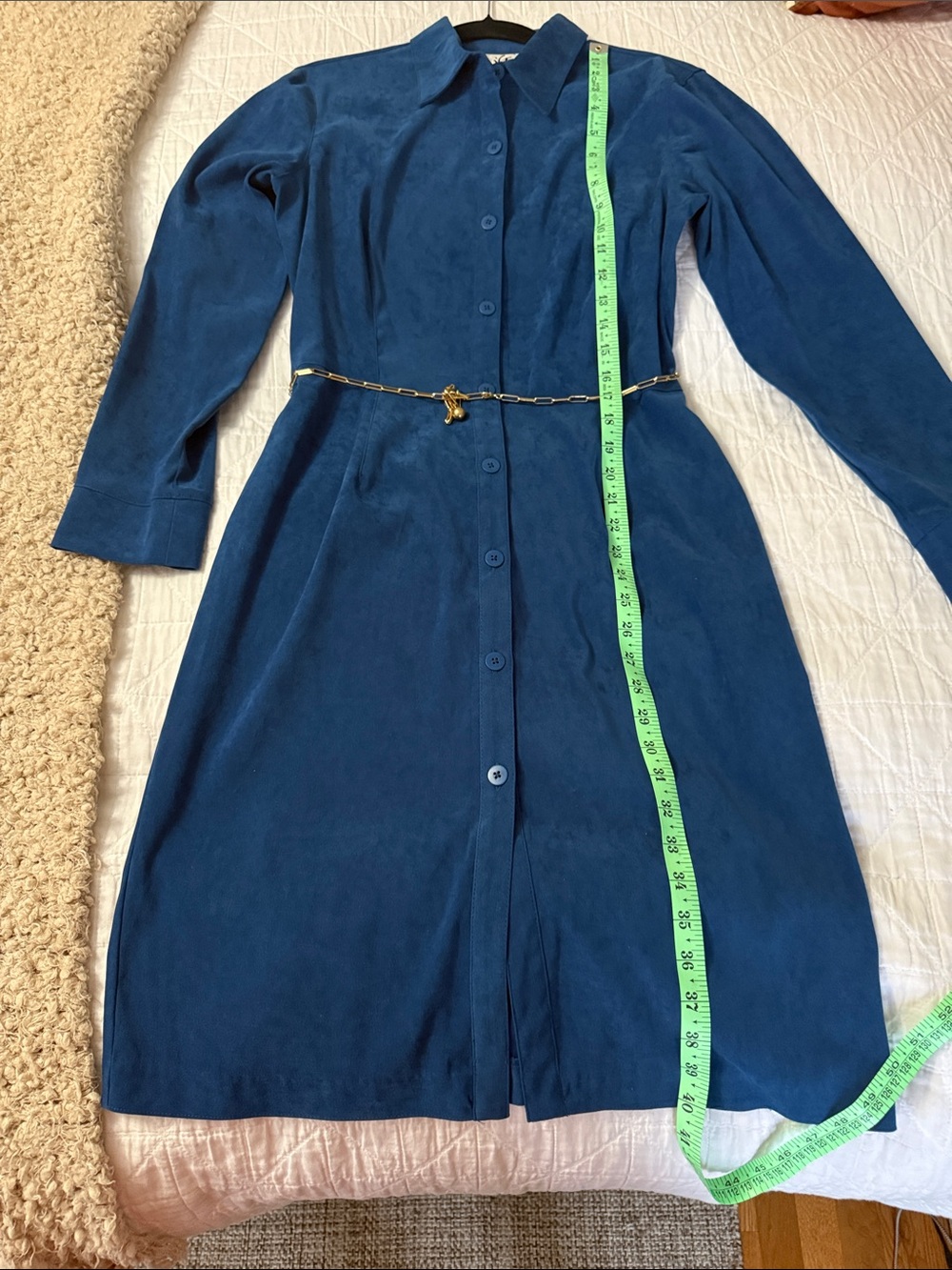 iCE Brand Vintage Teal Blue Button-Front Long Sleeve Dress with Chain Belt - 10 - Picture 8 of 8
